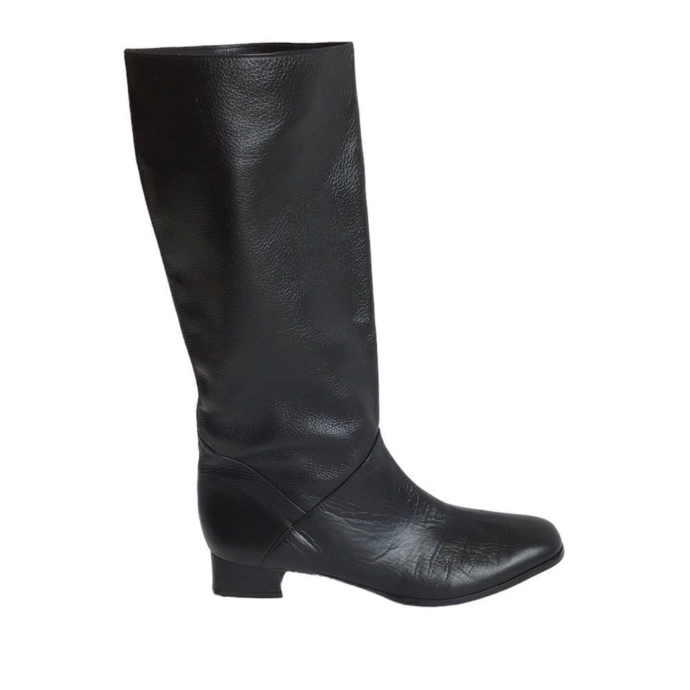 SIAMANTO Knee High Black Leather Riding Boots Pull-On Block Heel Boots Size 91/2